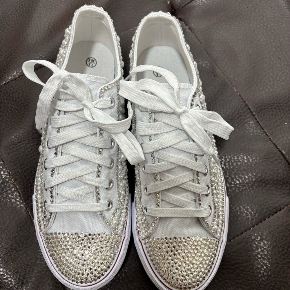 Custom Gem and Pearl Canvas Sneaker 7 1/2 8